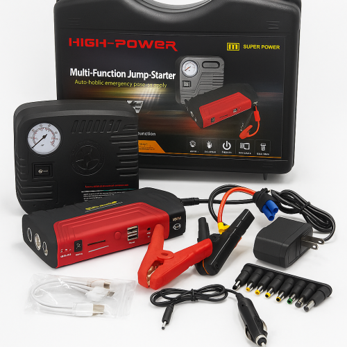 Kit Jumper Para Batería + Compresor de Aire + PowerBank, Luces, Linterna, Todo-en-1 (Kit de Rescate, Emergencia de Vehículos)