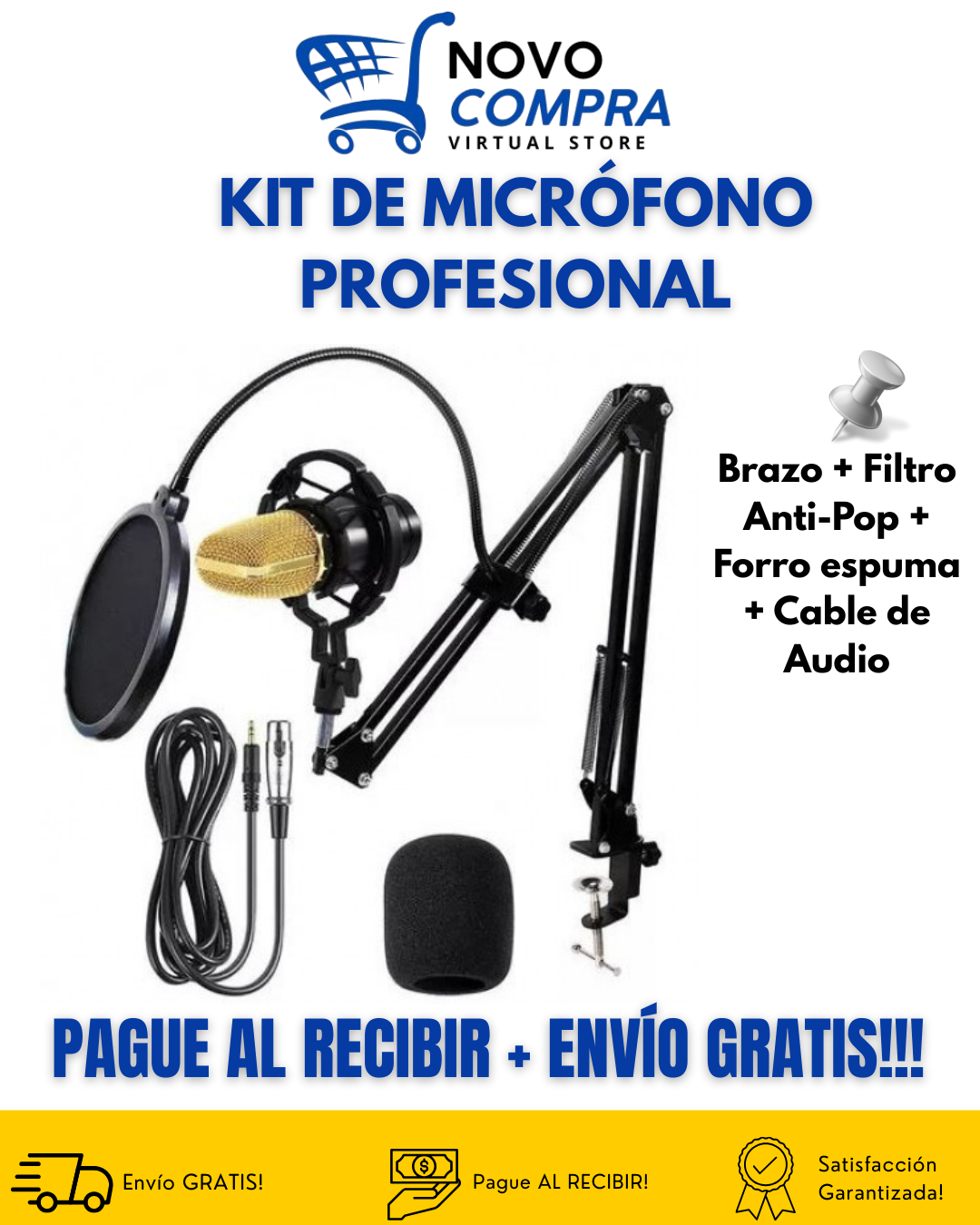 Kit Micrófono Profesional con Condensador, Brazo Pedestal, Filtro Anti-Pop, Cabezal de Espuma