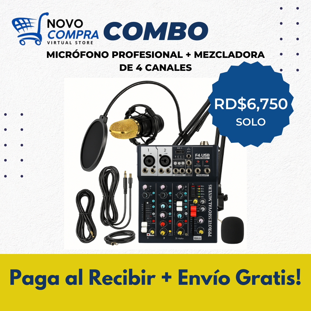 COMBO Micrófono Profesional + Mezcladora de Audio de 4 Canales