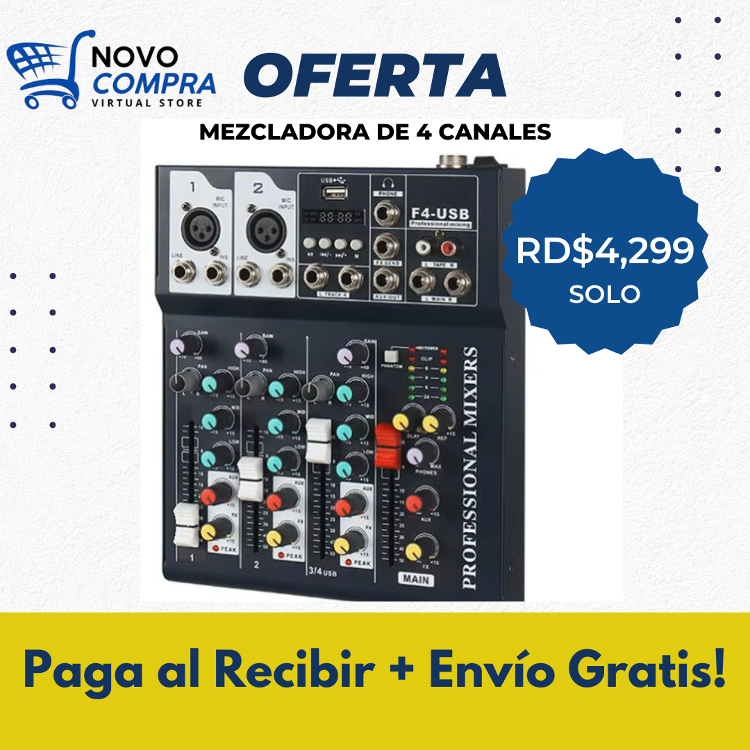 Mezcladora de Audio de 4 Canales, XLR, USB, Line.